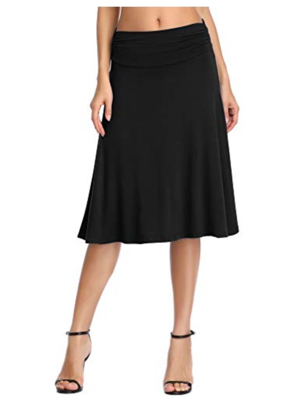 Ruched High Waist Midi A-Line Flared Stretchy Jersey Skirt